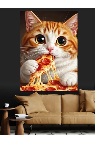 Pizza Yiyen Sevimli Kedi Dekoratif Kanvas - Mdf Ahşap Tablo
