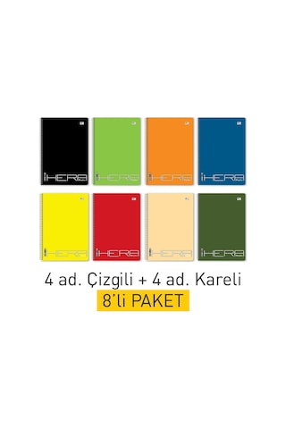 A4 Spiralli Okul Defteri 8'li Set 4 Çizgili + 4 Kareli 72 Yaprak 144 Sayfa Standart