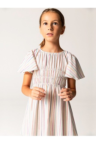 Sheshe Yarım Kollu Çizgili Pamuklu Kız Çocuk Elbise Renkli