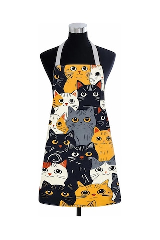 Valkyrie Kedi Desenli Mutfak Önlüğü Cepli Ayarlanabilir Askılı Unisex Mutfak Pişirme Servis Temizlik Önlüğü Siyah