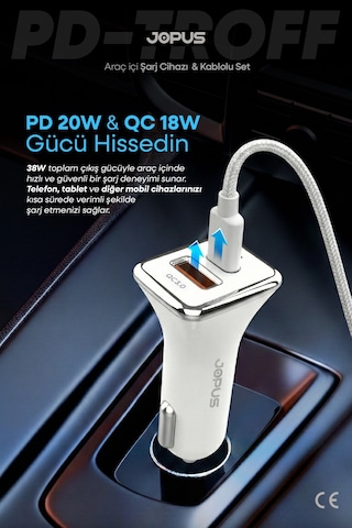 Jopus Type-C Kablolu Araç Şarj Aleti Çakmaklık Seti - Type-C + USB Girişli 38W JO-A7