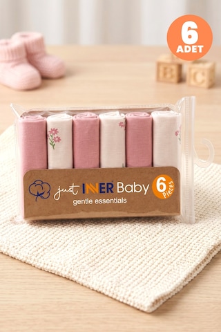 Just Inner Kız Bebek 6'lı Pamuklu Ağız Mendili Çiçekli Kutulu Set Nefes Alan Doku 684203 Somon