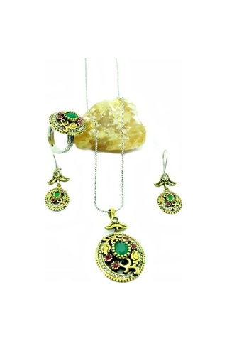 Kök Yakut Ve Zümrüt Taşlı Otantik Oksitli Gümüş Kadın Set Yüzük K