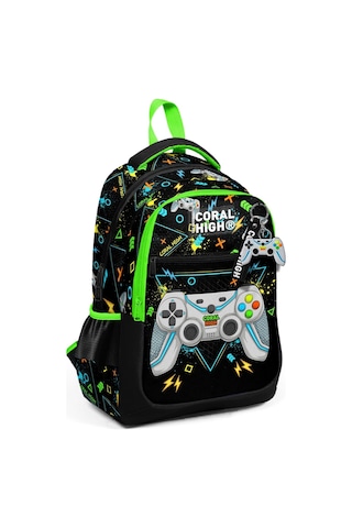 Coral High Kids Siyah Fosforlu Yeşil Gamer Desenli Üç Bölmeli Okul Sırt Çantası 23654