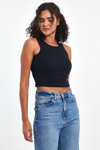 Comeor Kadın Lacivert Fitilli Görünümlü Askılı Kalın Esnek Örme Basic Crop Atlet Bluz Cmrb93