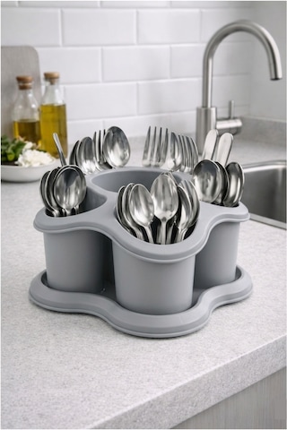 Mutfak Tezgah Üstü Kaşıklık Ve Düzenleyici 5 Bölmeli Çok Amaçlı Plastik Organizer Papatya 16x16cm Açık Gri