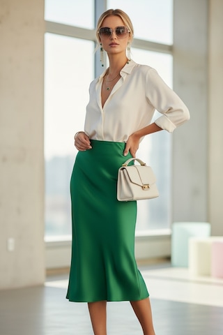 Fashion Cocktail Saten Dökümlü Belden Oturan Kalın Iç Lastikli Yırtmaçsız Diz Altı Midi Ofis Etek Yeşil
