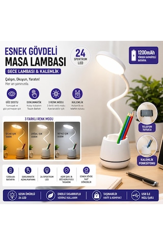Tr Masa Lambası, Esnek Gövdeli Gece Lambası Ve Kalemlik, Dokunmatik Işık Parlaklığı Hassasiyeti, 3 Farklı Renk Diğer