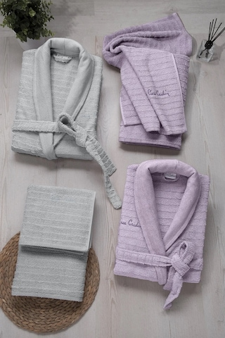 Pierre Cardin 6 Parça Jakarlı Aile Bornoz Seti-wave Soft Lila Gri Açık Gri - Lila