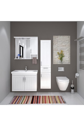 Denko Lotus 80 Cm Mdf Üzeri Lake Banyo Takımı Ve Boy Dolabı Beyaz