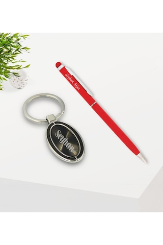 Kişiye Özel Kırmızı Touchpen Tükenmez Kalem Ve Metal Anahtarlık H