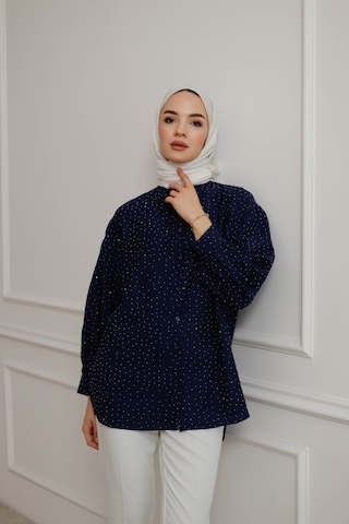 Moonsc Kadın Regular Fit Bel Bağlamı Ve Taş Detaylı Tesettür Lacivert Gömlek