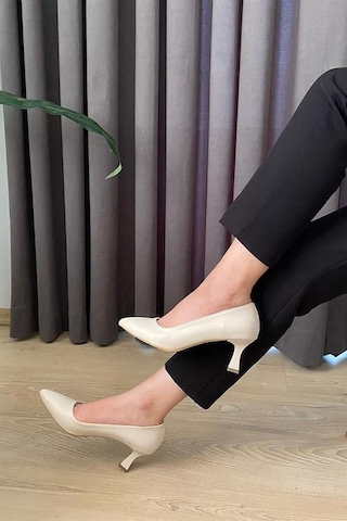 Kadın Sity Krem Cilt 6 Cm İnce Topuklu Stiletto Krem