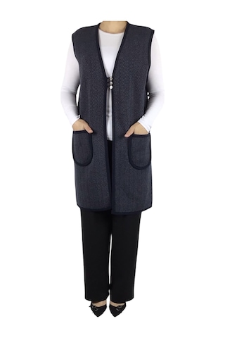 Kadın Desenli Üç Düğmeli Kalın Kışlık Yelek Lacivert