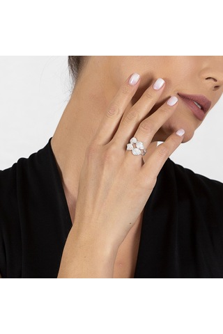 Zirkon Taşlı Çift Sıra Yaprak Tasarım 925 Ayar Gümüş Kadın Yüzük Beyaz