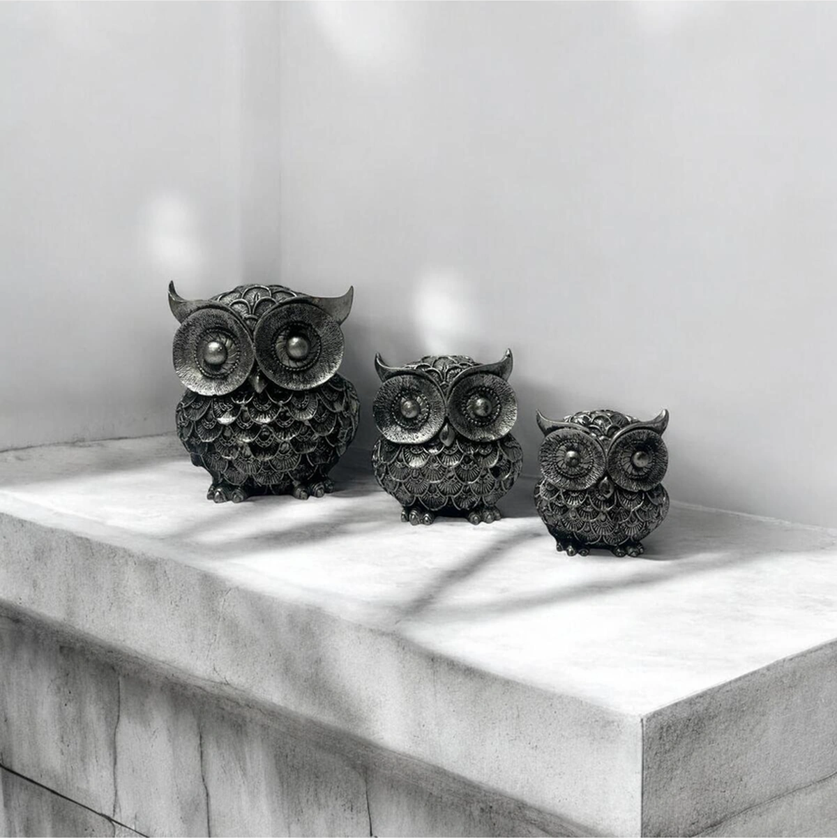 Dekoratif Polyester Üçlü Baykuş Biblo Set Gümüş Eskitme