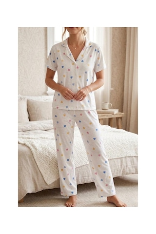 Fit Women Renkli Kalp Desenli Düğmeli Kısa Kollu Pijama Takımı 4591 Kar Beyaz