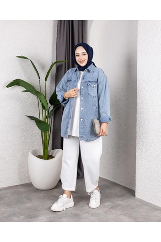 Hb Harma Time Butik Kadın Yıkamalı Cepli Denim Kot Mavi Ceket
