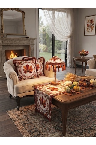 Missidea Fall Elegance Yaprak Desenli Dekoratif Masa Üstü Lambası Bali Şemsiyesi Seti Şemsiye + Runner + 2 Li Kırlent Kılıfı Çok Renkli