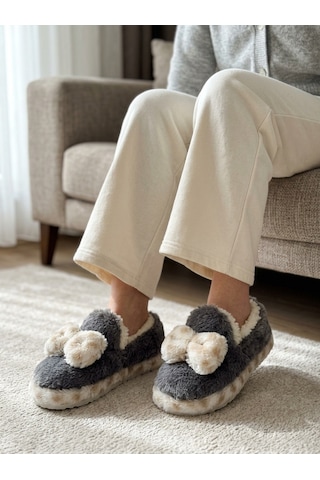 Nmoda Kadın Fiyonklu Yumuşak Peluş Panduf İçi Kürklü Kaymaz Taban Kışlık Sıcak Tutan Ev Terliği Ev Botu Gri