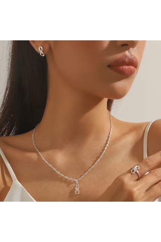 Sonsuzluk Kolye, Küpe Yüzük Set, Nişan Özel Gün Sevgililer Günü Gümüş
