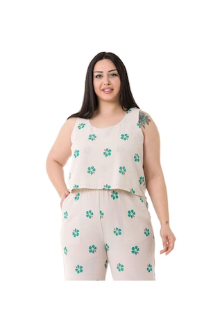 Büyük Beden Kalın Askılı Fermuarlı Beli Lastikli Yeşil Çiçekli Kadın Tulum