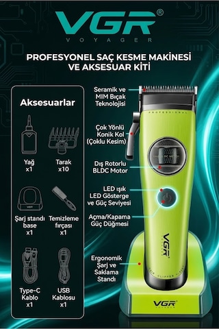 V-880c Profesyonel Saç Kesme Makinesi 7200 Rpm Seramik & Mım Çelik Bıçaklı Şarjlı Tıraş Makinesi 10 Taraklı - Clipper