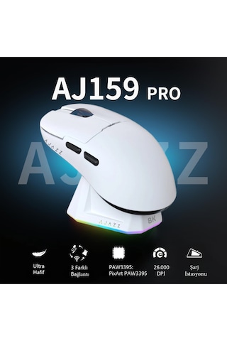 Aj159 Pro Kablosuz 3 Modlu 8.000 Hz-26.000dpı Oyuncu Mouse Paw3395 Sensör Rgb Şarj Istasyonu Diğer
