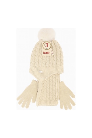 Uğur Bebe Kitti 4-8 Yaş 3parça Ekru Kız Çocuk İçi Polar Şapka Yumuşacık Atkı Eldiven Takımı Kışa Hazır Ekru Ekru
