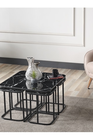 Pelikan 4+1 Siyah Mermer Temperli Cam Siyah Metal Ayak Takım Sehpa Sedaş Living Units Sehpa