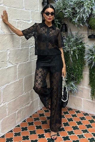 Pantolonu Astarlı Dantel İkili Takım 10119 Si Yah