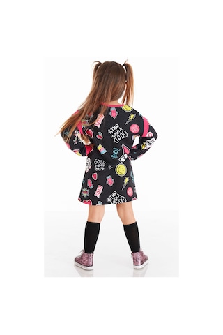 Denokids Kız Çocuk Kışlık Slogan Baskılı Siyah Uzun Kollu Elbise 4-10 Yaş