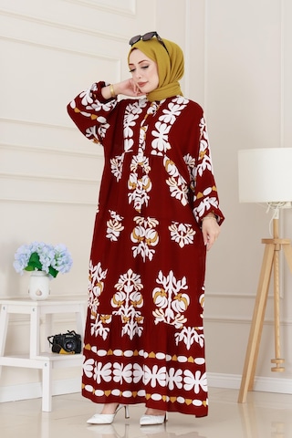 Sevitli Yarım Düğmeli Robalı Belinay Elbise-bordo-5093