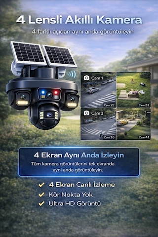 Ok335 12mp 4 Kameralı 4g Solar Güvenlik Kamerası Aov Gece Görüş 128gb Hafıza Kartı + 1 Yıl İnternet
