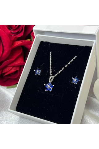 Safir Mavisi Çiçeği Kadın 2'li Set 925 Ayar Gümüş Rodyumlu Zirkon Taşlı Gümüş