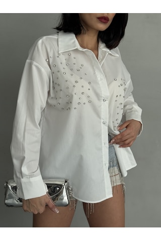 Kadın Taşlı Premium Kalite Uzun Kollu Oversize Gömlek Beyaz