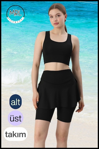 Kadın Siyah Takım Alt - Üst Biker Şort Diz Üstü &crop Bra Ped Destekli Denizde Havuzda Sporda Siyah