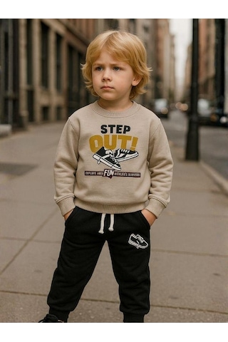Zekids Erkek Çocuk Pamuklu Step Out Baskılı Eşofman Takımı-16348 Taş