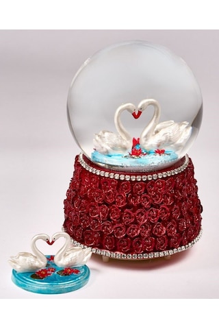 Kar Küresi Gonca Buket Büyük 100 Mm El Boyaması, Müzikli Kendinden Üflemeli, Kuğu