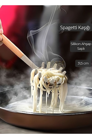 Silikon Spagetti Kaşığı Mutfak Kaşık Ahşap Saplı 31,5 Cm Siyah