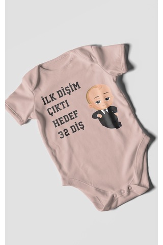 Morivokids İlk Dişim Çıktı Hedef 32 Diş Kısa Kollu Bebek Body Pastel Pembe