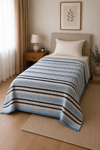 Tek Kişilik Pamuklu Pike 175x215 Cm Püsküllü Dokuma Yatak Örtüsü Çizgili Mavi