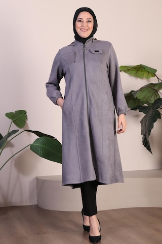 Kadın Büyük Beden Göğsü Kapşonlu Kısa Tesettur Süet Pardesü