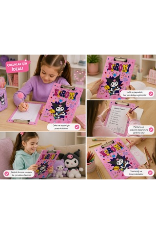 Bakgelal Sanrio Lisanslı Kuromi Sekreterlik A4 Boy Metal Klipsli Evrak Tutucu Yazı Altlığı Pembe