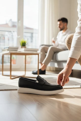 Enoch Deri Siyah Klasik Casual Loafer Beyaz Tabanlı Siyah