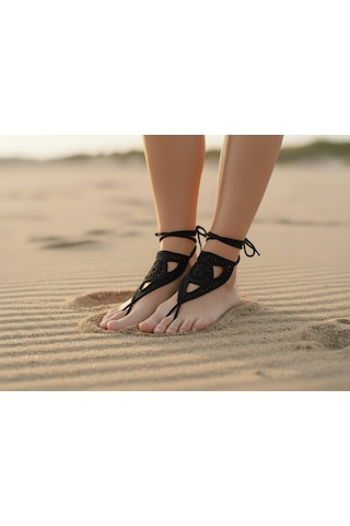 Boho Stil Barefoot Sandal El Yapımı Siyah Ayak Aksesuarı Çift