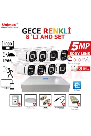 5mp Sony Lens 8 Kameralı Güvenlik Seti 100m Kablo 30m Gece Renkli Görüş Xmeye