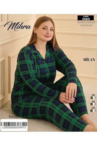 Mihra Kadın Milan Büyük Beden Gömlek Yaka Uzun Kol İnce Pijama Takımı 50801l- 1 Adet Lacivert