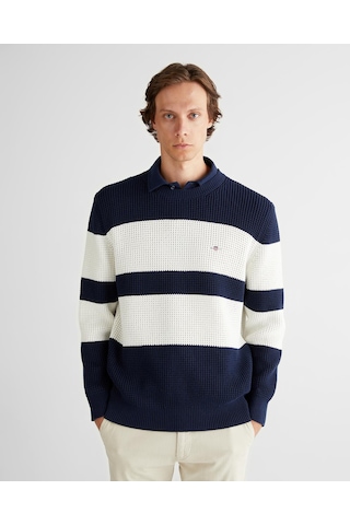 Gant Erkek Regular Fit Lacivert Çizgili Pamuklu Triko Kazak-10542 Lacivert