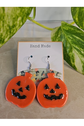 El Yapımı Polimer Kil Küpe - Paslanmaz Çelik Aparatlı Turuncu Cadılar Bayramı Bal Kabağı Figürlü Sallantılı Küpe Spooky Pumpkin
